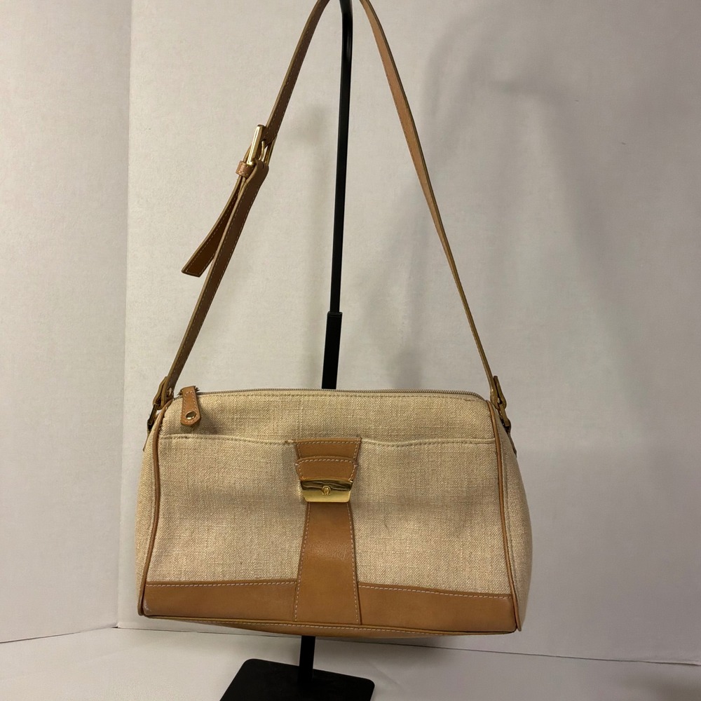 🏷️ Etienne Aigner Vintage Canvas Leather Crossbody Beige Tan Gold Horseshoe Logo